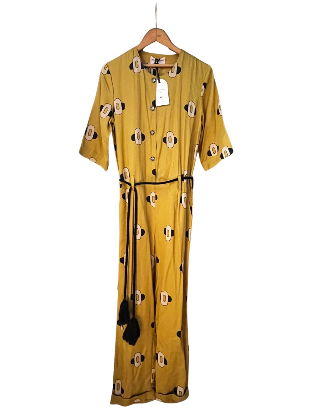 Mustard Geometric Print Jumper with tie Belt